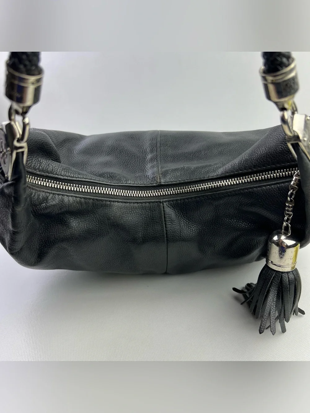 Cole Haan Collection F06 Pebbled Leather Hobo Bag Braid Handle Tassel
